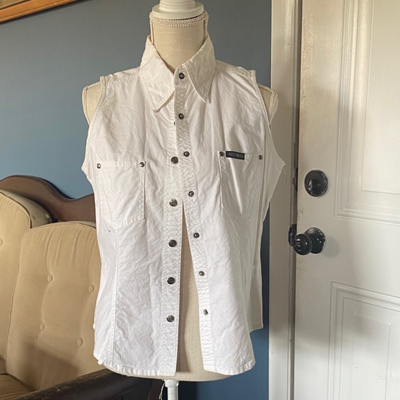 Harley-Davidson White Denim Vest with Red and Black Graphic - Picture 2 of 10